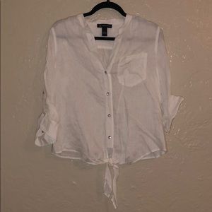 White lien tie front, button up shirt.